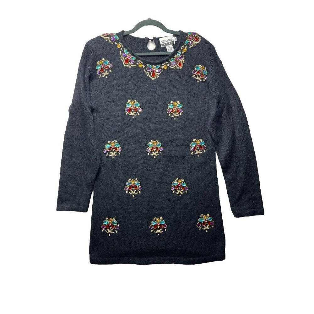 Vtg 80s Marnie West Sequin Beaded Black Sweater S Holiday Party Silk Angora Wool